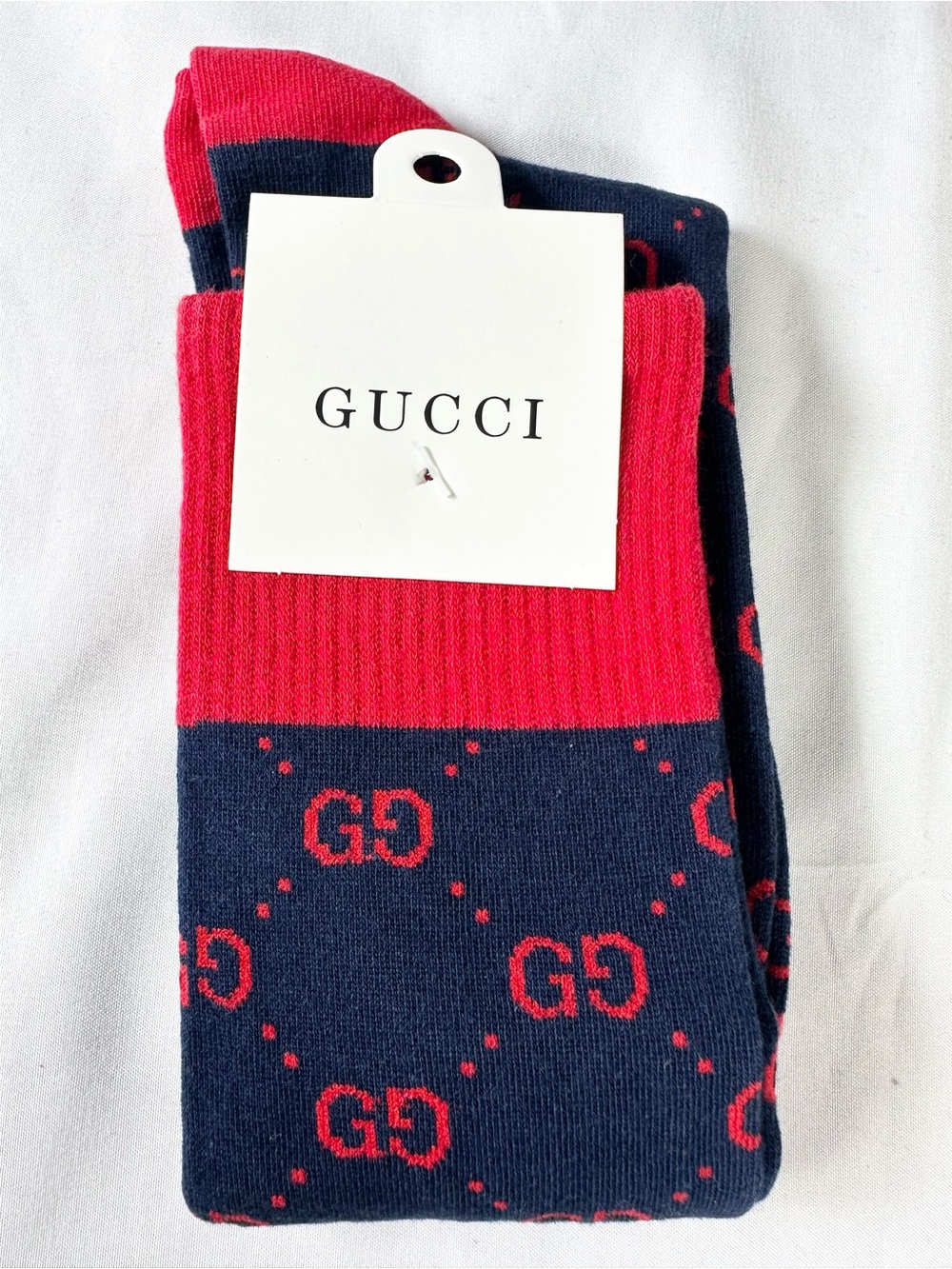 Fashion Luxury Navy/Red GG Pattern Crew Socks “17 cuff to toe (Unisex)